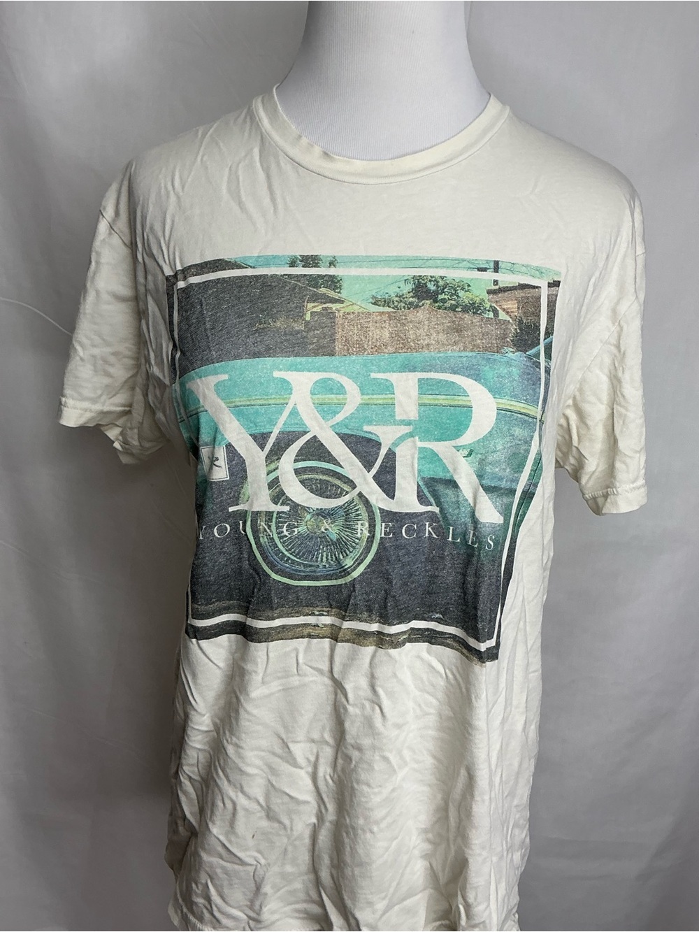 2241 - Young & Reckless White Tee with Turquoise and Black Graphic